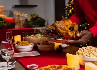 Christmas dinner with roasted turkey, Special food on table in the dinning room for Christmas dinner celebration, Christmas celebration concept