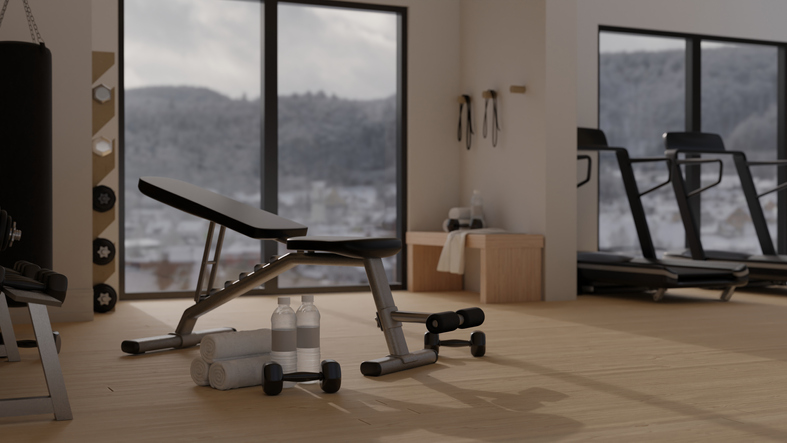 Modern fitness center or condominium gym room interior design with sport equipments.