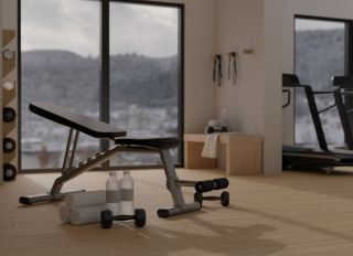 Modern fitness center or condominium gym room interior design with sport equipments.