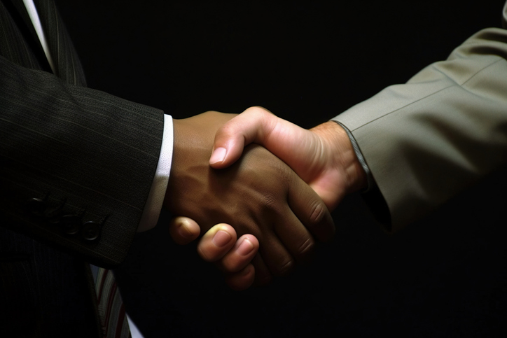 African American businessman shaking hands with Caucasian businessman. They wear a suit and shirt. Isolated on black background.