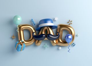 Happy Father’s Day decoration background with dad text balloon hat, mustache, gift box, copy space text, 3d rendering illustration