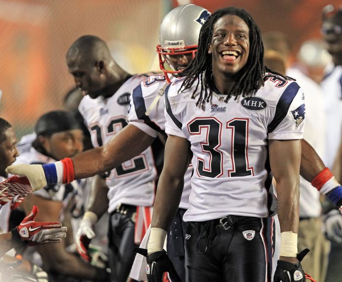 (091211 Miami, FL) New England Patriots defensive back Sergio Brown is all smiles after stopping the Dolphins from getting a touchdown in the fourth quarter of the Patriots NFL season opener at Sun Life Stadium Monday, September 12, 2011. Staff Ph