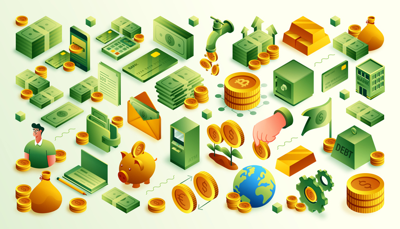Vector Illustration of Money Isometric Icon Set and Three Dimensional Design. Digital Money, Coin, Wallet, Credit Card, Banking, Dollar Sign, Money Bag, Wealth, Making Money.