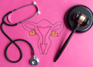 Drawing of female reproductive system with judge's gavel and stethoscope