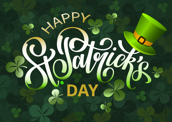 Happy Saint Patricks green background with lettering, clover leaves, green hat. St. Patricks brush calligraphy.