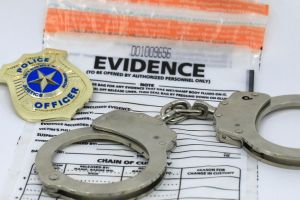 Handcuffs, police badge, and evidence container