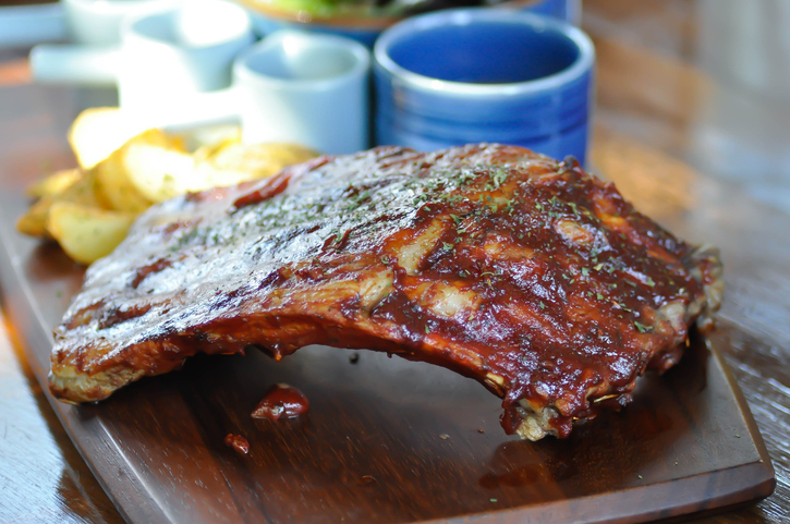 pork rib or pork steak , barbecue pork rib with french fries