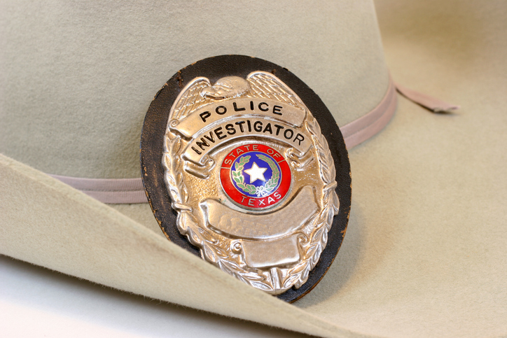 Texas police, shield, badge. Cowboy hat. Investigator.