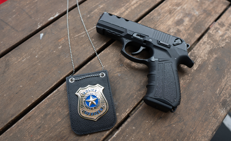 a police officer's gun next to his badge