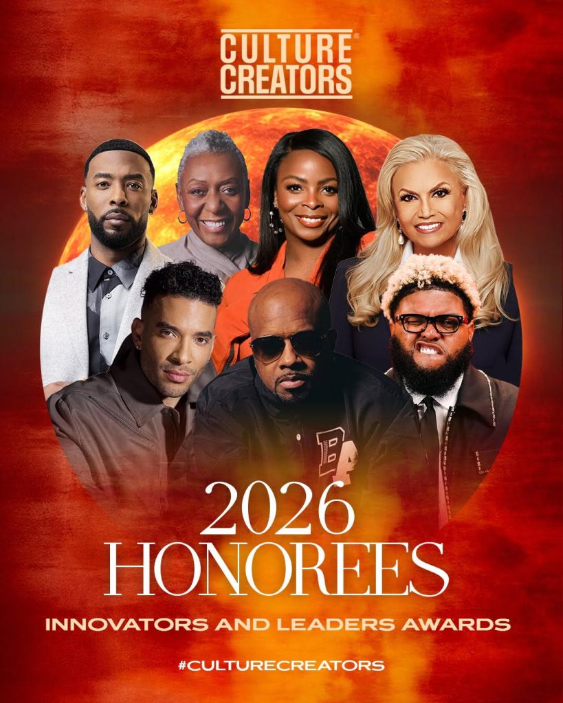 A group portrait of diverse entertainers and public figures, including actors, musicians, and media personalities, with the text "Culture Creators 2026 Honorees Innovators and Leaders Awards" displayed above.