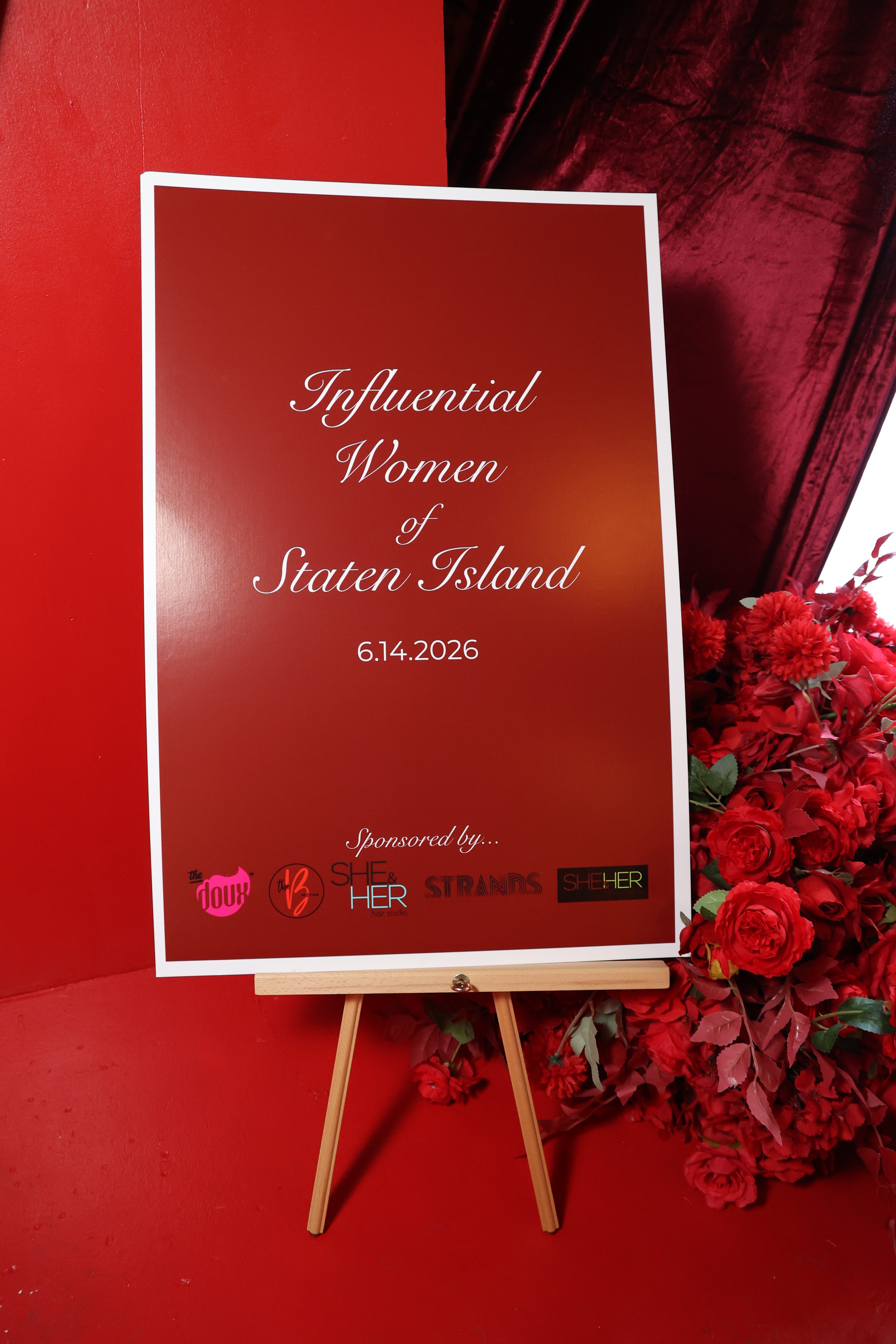 Poster for an event titled "Influential Women of Staten Island" on June 14, 2026, sponsored by The Dour, Her, Strands, and Sher.