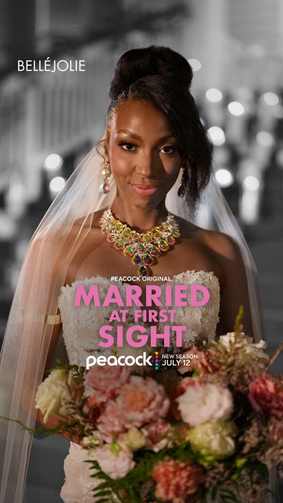 A woman in a wedding dress and veil, wearing a large, colorful necklace, smiling at the camera. The text "MARRIED AT FIRST SIGHT" and "PEACOCK ORIGINAL" is displayed.