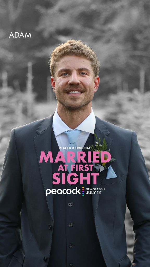 A smiling man in a suit standing outdoors, with the text "ADAM" and "MARRIED AT FIRST SIGHT" visible.