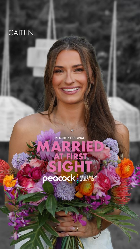 A smiling woman holding a bouquet of colorful flowers in front of a Peacock Original "Married at First Sight" logo and text.