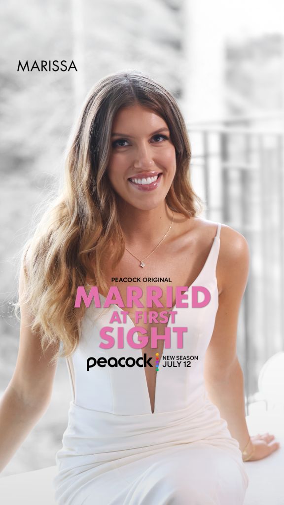 A smiling woman with long brown hair wearing a white dress, posing in front of a blurred background. The text "MARRIED AT FIRST SIGHT" and "PEACOCK ORIGINAL" is displayed.