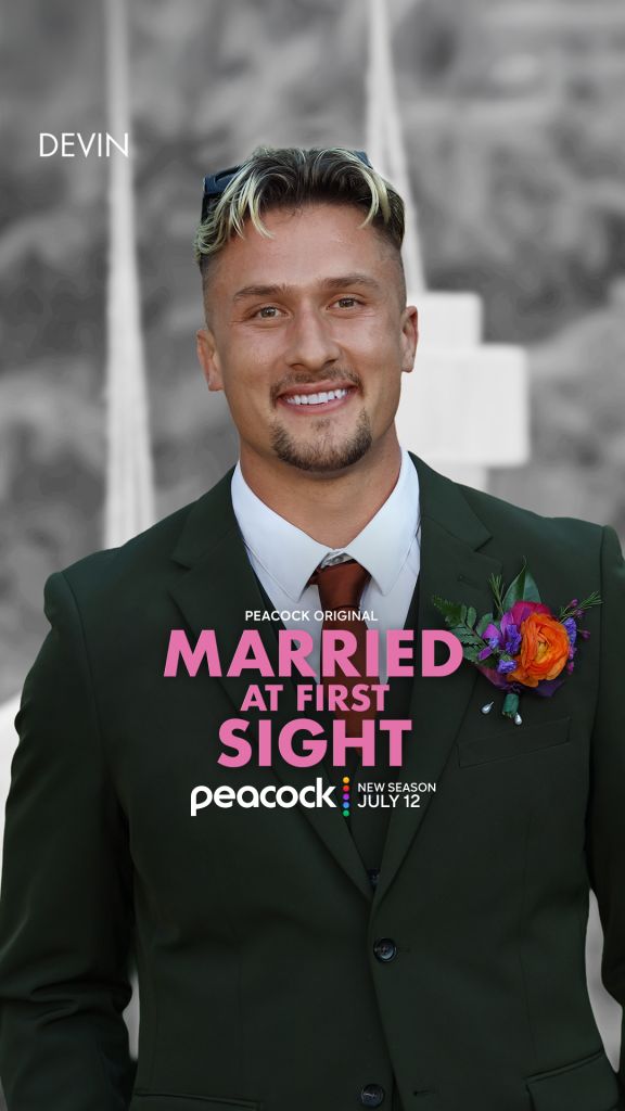 A smiling man in a green suit and floral boutonniere, with the text "MARRIED AT FIRST SIGHT" and "Peacock Original" on the image.