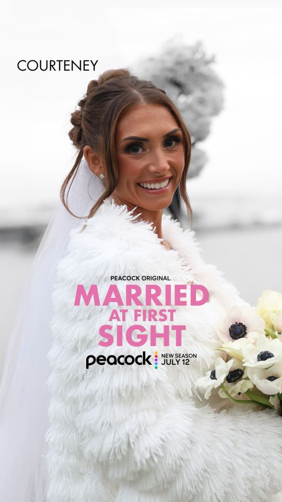 A smiling woman wearing a white feathered coat and veil, with the text "COURTENEY" and "MARRIED AT FIRST SIGHT" on a Peacock Original TV show poster.