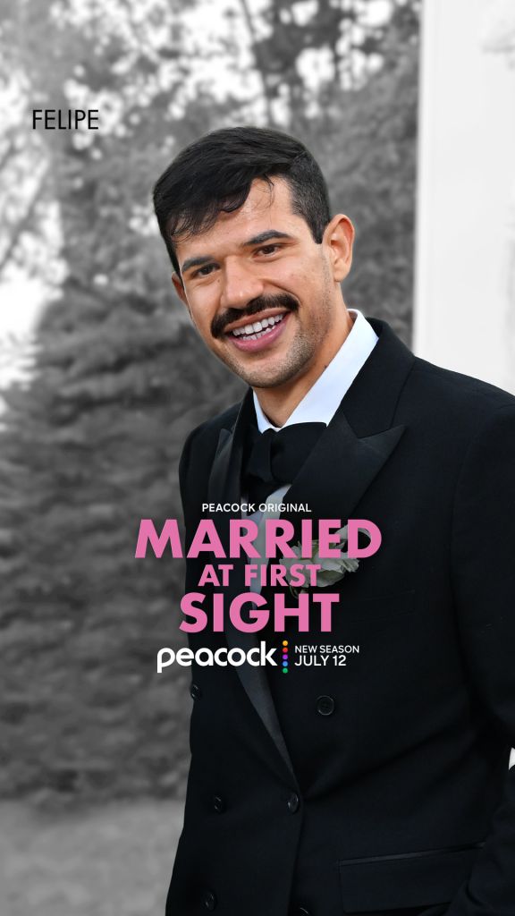 A smiling man in a black suit and tie stands in front of a blurred natural background. The text "FELIPE" and "MARRIED AT FIRST SIGHT" is overlaid on the image.