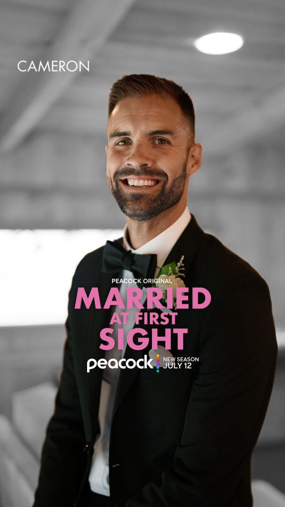 A smiling man in a black suit and bow tie, with the text "CAMERON" and "MARRIED AT FIRST SIGHT" on the image.
