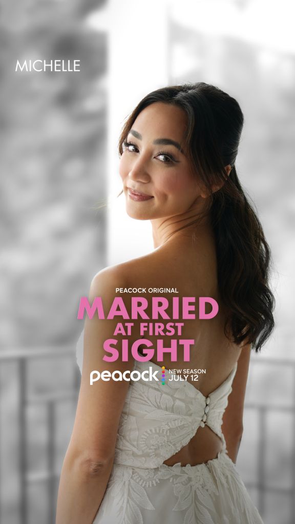 A woman with long dark hair wearing a white dress stands in front of a blurred background. The text "MICHELLE" and "MARRIED AT FIRST SIGHT" is displayed above her.