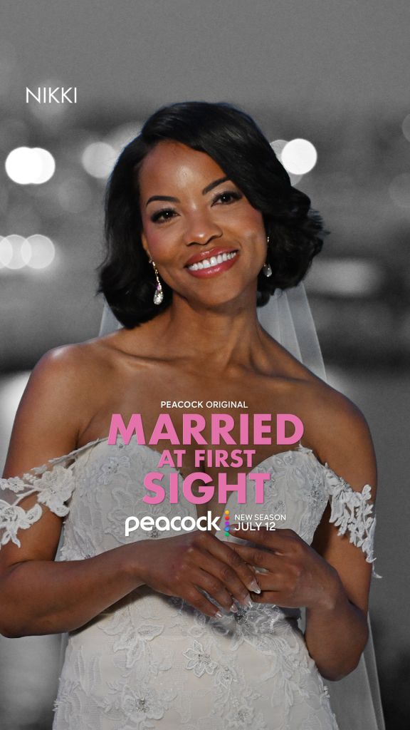 A smiling woman in a white wedding dress holding a bouquet of flowers, with the text "MARRIED AT FIRST SIGHT" and "Peacock Original" overlaid on the image.