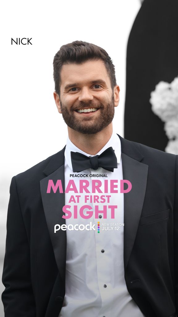 A smiling man in a tuxedo with a bow tie, holding a sign that says "MARRIED AT FIRST SIGHT" and "Peacock Original" with the Peacock logo.
