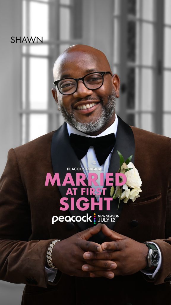 A smiling man in a tuxedo with a boutonnière, standing in front of a window. The text "MARRIED AT FIRST SIGHT" and "Peacock Original" is displayed.