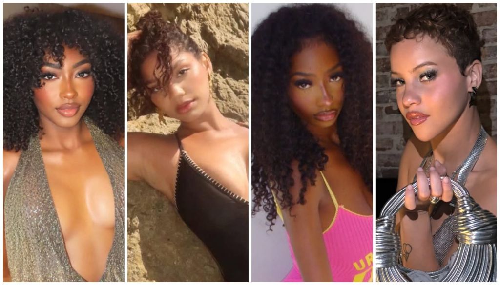 Four portraits of young women with curly, dark hair and glamorous makeup. The women are posing in various settings, including outdoors and against a brick wall.