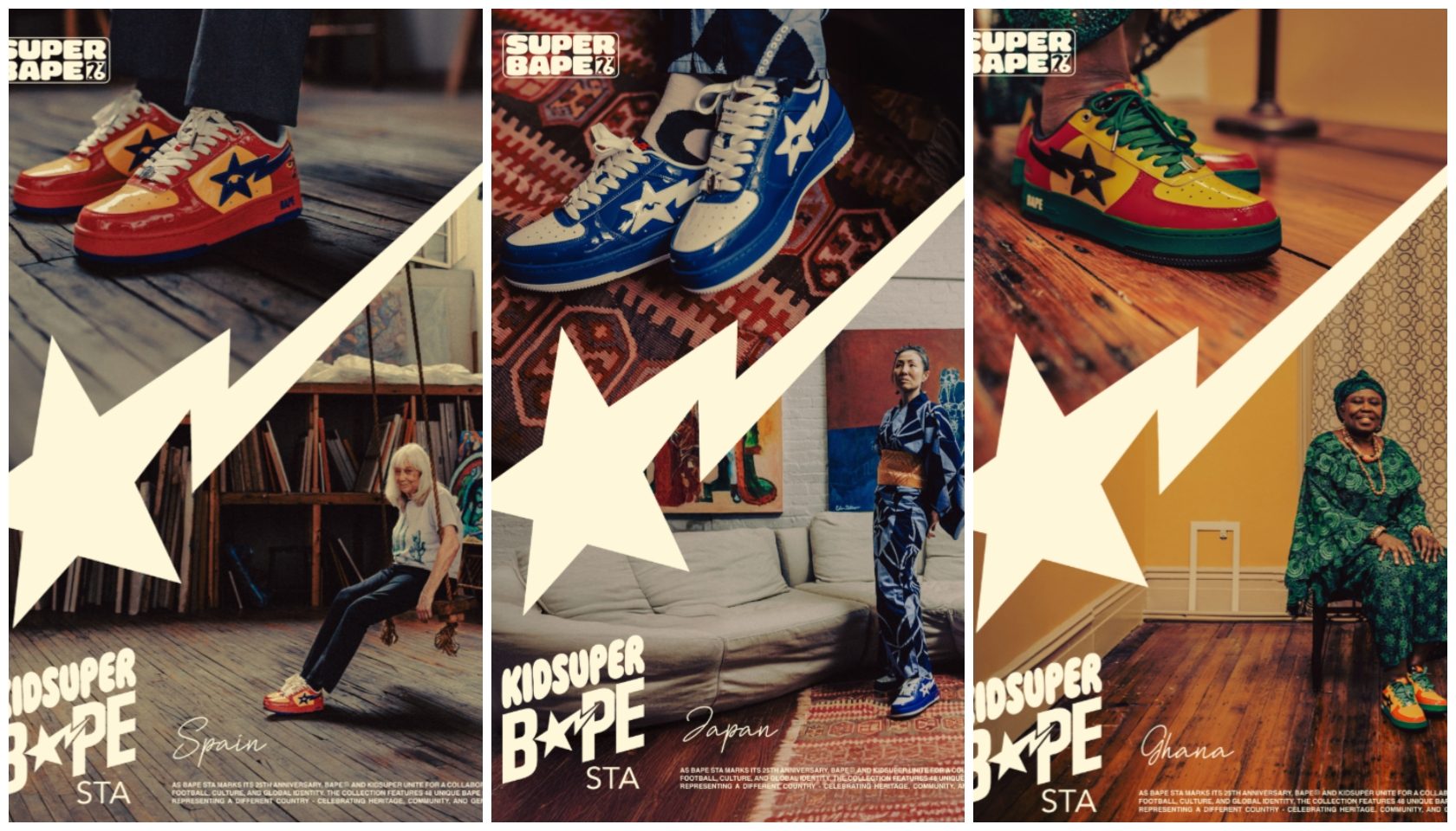 Collage of 3 images featuring colorful, star-themed sneakers and clothing from the KIOSUPERAPE brand, with people posing in different settings.