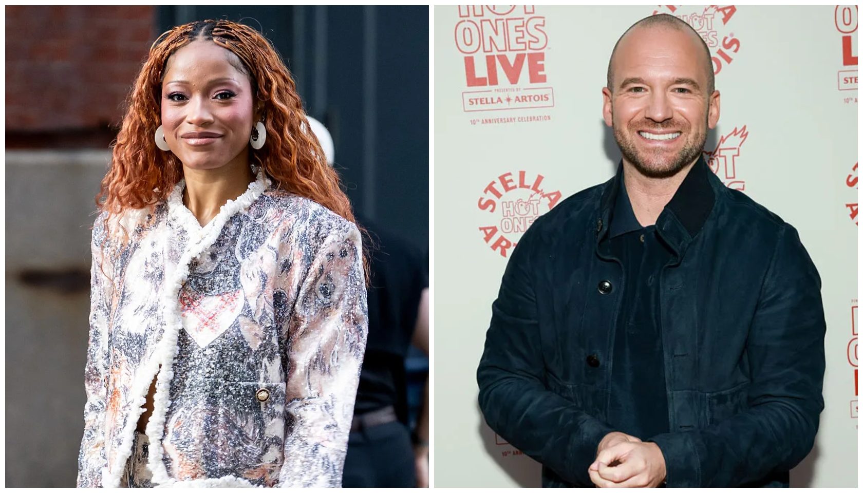Two portraits: a smiling woman with curly red hair, and a smiling bald man in a black coat. Text: "Ones Live" and "Stella Artois".