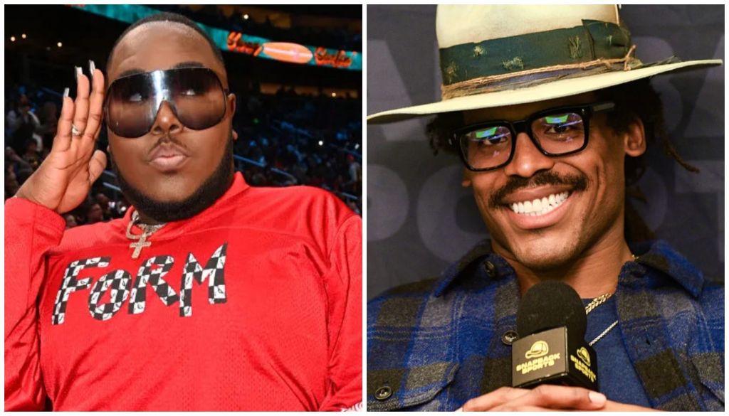 Two men wearing sunglasses and hats, one in a red "FORM" shirt, the other with a microphone.