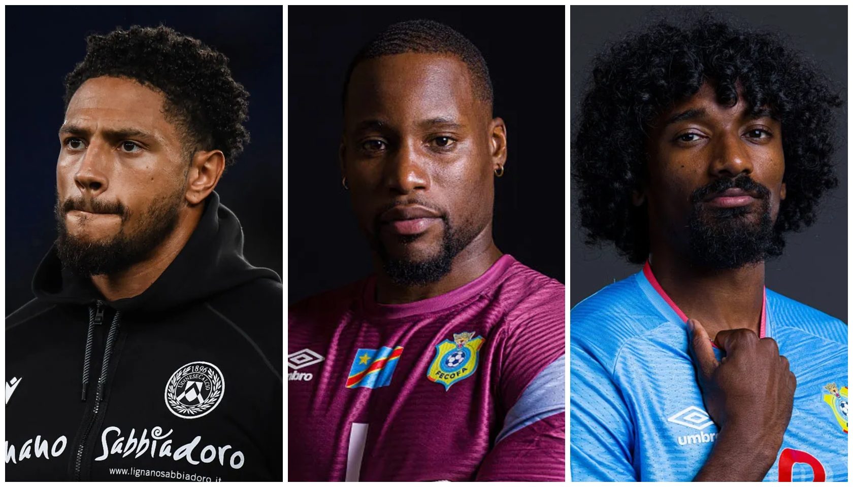 Three portraits of Black men with curly hair and facial hair, wearing sports jerseys and hoodies.