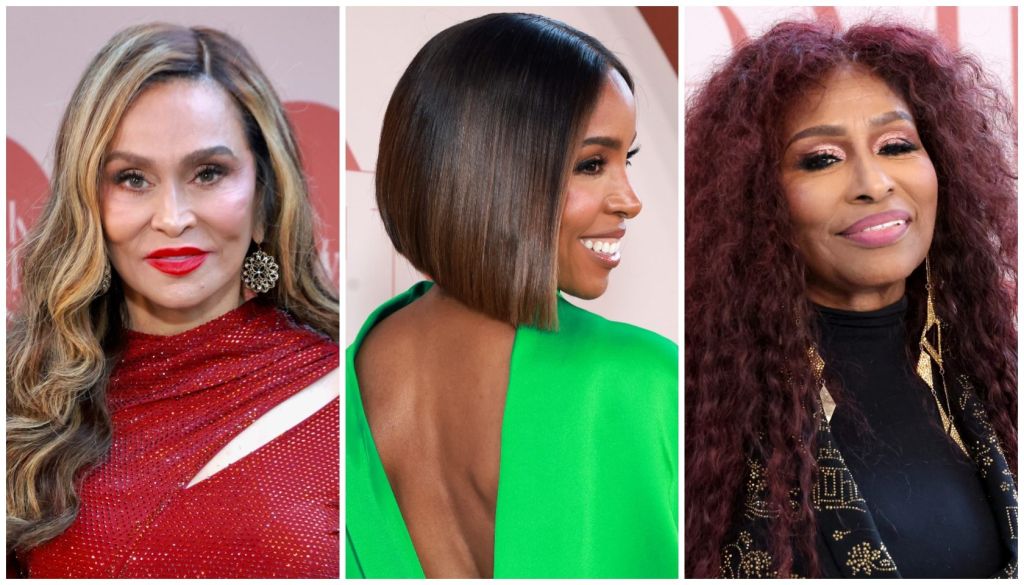 Three women with different hairstyles and makeup: a blonde woman with wavy hair wearing a red dress, a woman with straight black hair wearing a green dress, and a woman with curly burgundy hair wearing a black and gold outfit.