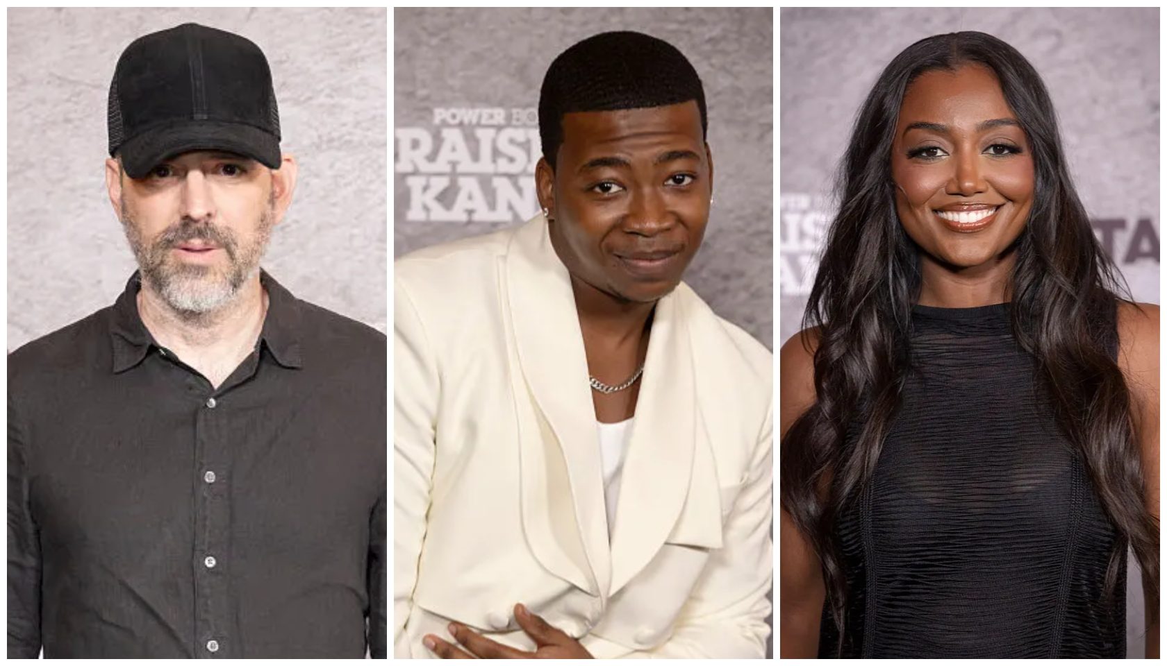 Three headshot portraits of diverse individuals: a bearded man in a black cap, a smiling Black man in a white suit, and a smiling Black woman with long dark hair.