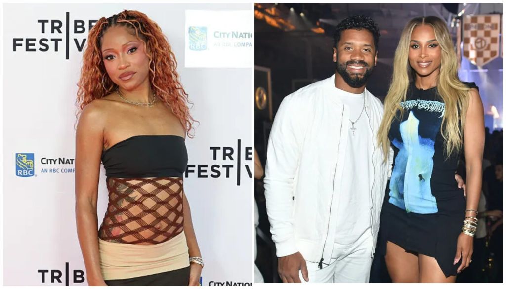 Two images: A woman with curly red hair wearing a black strapless top and patterned skirt at a red carpet event, and a man and woman posing together at an event.