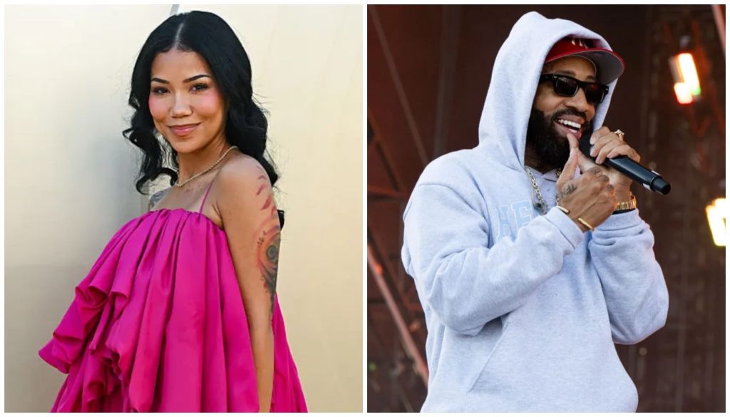A woman in a pink dress smiling, and a man in a white hoodie performing on stage with a microphone.