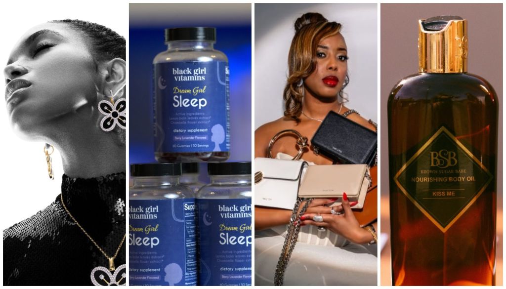 A collage of four images: a close-up portrait of a woman, bottles of "Black Girl Vitamins Dream Girl Sleep" supplements, a woman posing in a black dress, and a bottle of "BSB Nourishing Body Oil Kiss Me" product.