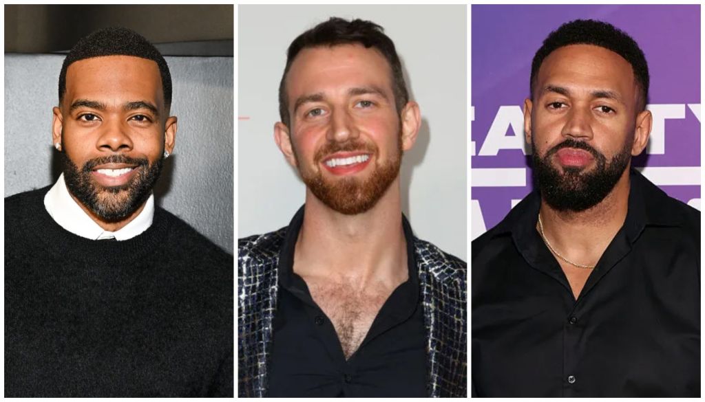 Three headshot portraits of smiling men with beards, one Black man, one white man, and one Black man wearing a black suit.