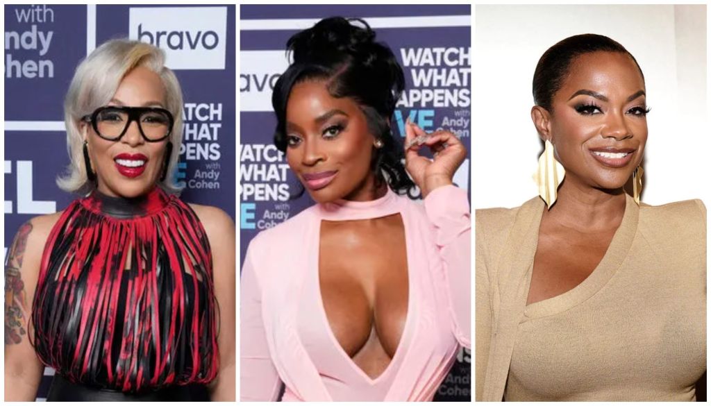 Three women in glamorous outfits: a blonde woman in a red dress, a Black woman in a pink dress, and a Black woman in a beige sweater. The background features "Watch What Happens Live" branding.
K. Michelle x Shamea Morton x Kandi Burruss