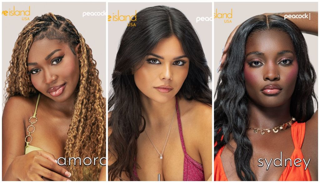 Collage of three women with different hairstyles and expressions, including text for "Amore", "Peacock", and "Sydney".