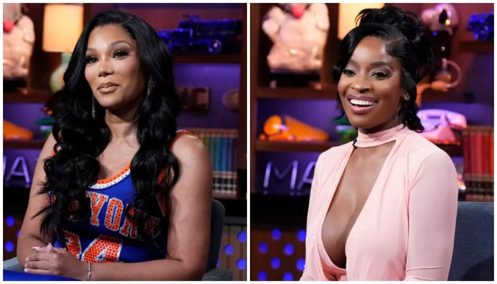 Two images of a woman with long dark hair, one wearing a blue and orange top with "YORK" text, the other wearing a pink top with a plunging neckline.