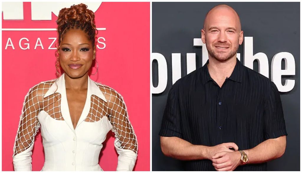 Two portraits: a woman with braided red hair wearing a white and mesh outfit, and a bald man in a black shirt smiling.