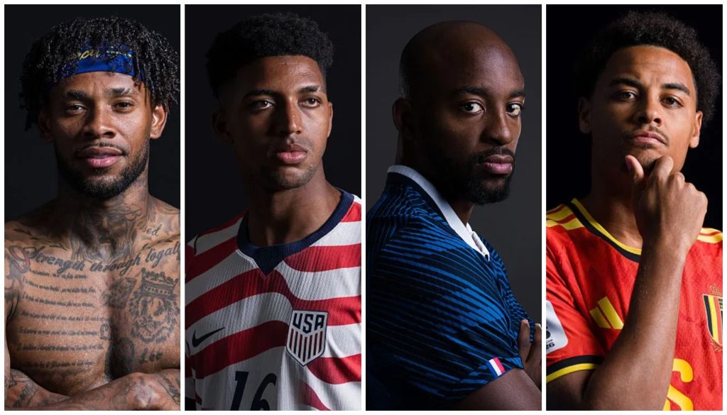 Four portraits of Black men with various sports jerseys and tattoos, against a dark background.