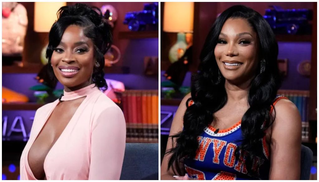 Two images of a smiling Black woman with long dark hair, one wearing a pink top and the other wearing a blue and orange jersey.