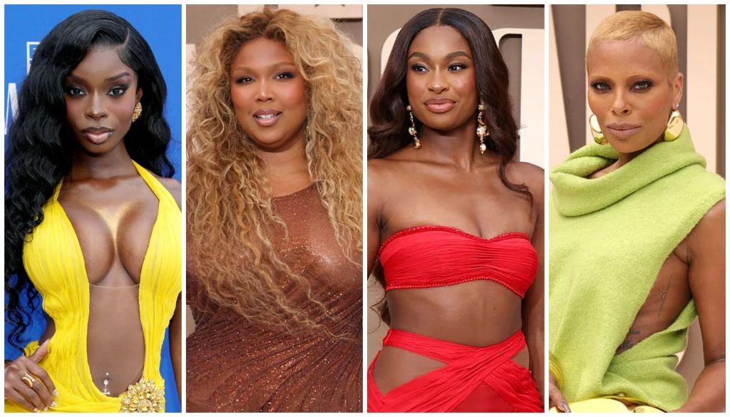 Four glamorously dressed Black women in colorful outfits, including a yellow dress, a bronze sequined gown, a red bandeau top and skirt, and a green wrap.