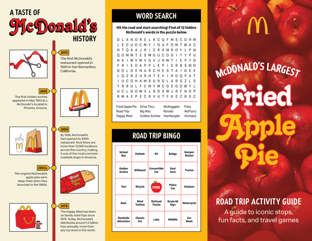 A collage of McDonald's history and trivia, including the first restaurant opening, the Golden Arches, Fried Apple Pie, and a word search and road trip bingo game.
