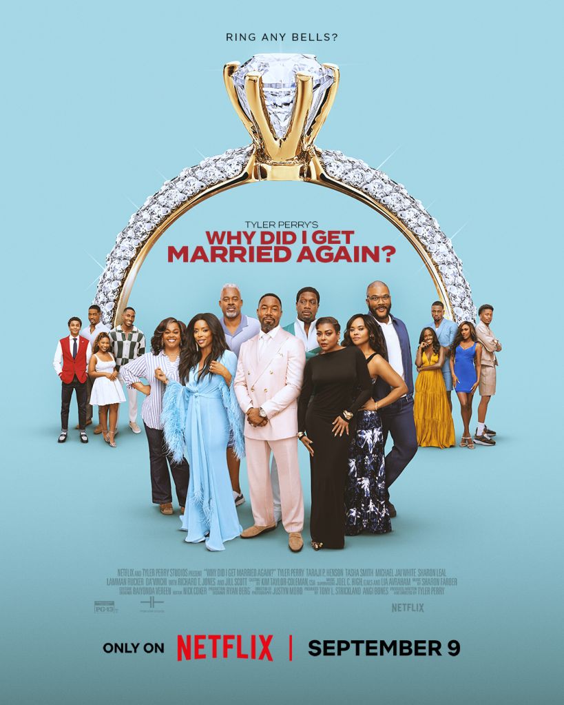 A colorful movie poster for "Why Did I Get Married Again?", featuring an ensemble cast of Black actors and a large diamond engagement ring.