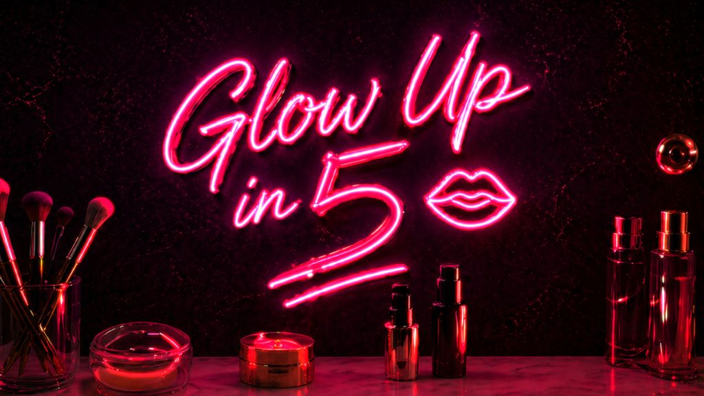 Neon sign that says "Glow Up in 5" with various makeup products and brushes on a dark background.