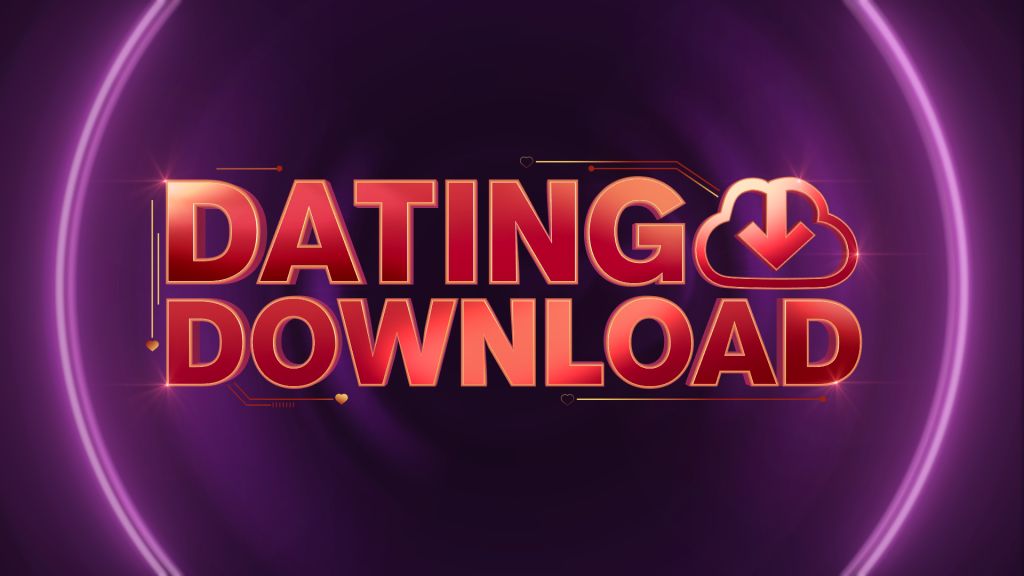 Dating download text in large red letters against a purple background with glowing neon circles