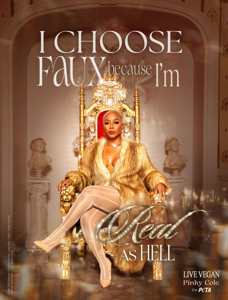A person wearing a gold fur coat and sitting on an ornate throne, with the text "I CHOOSE FAUXBECAUSE I'M REAL AS HELL" above them.